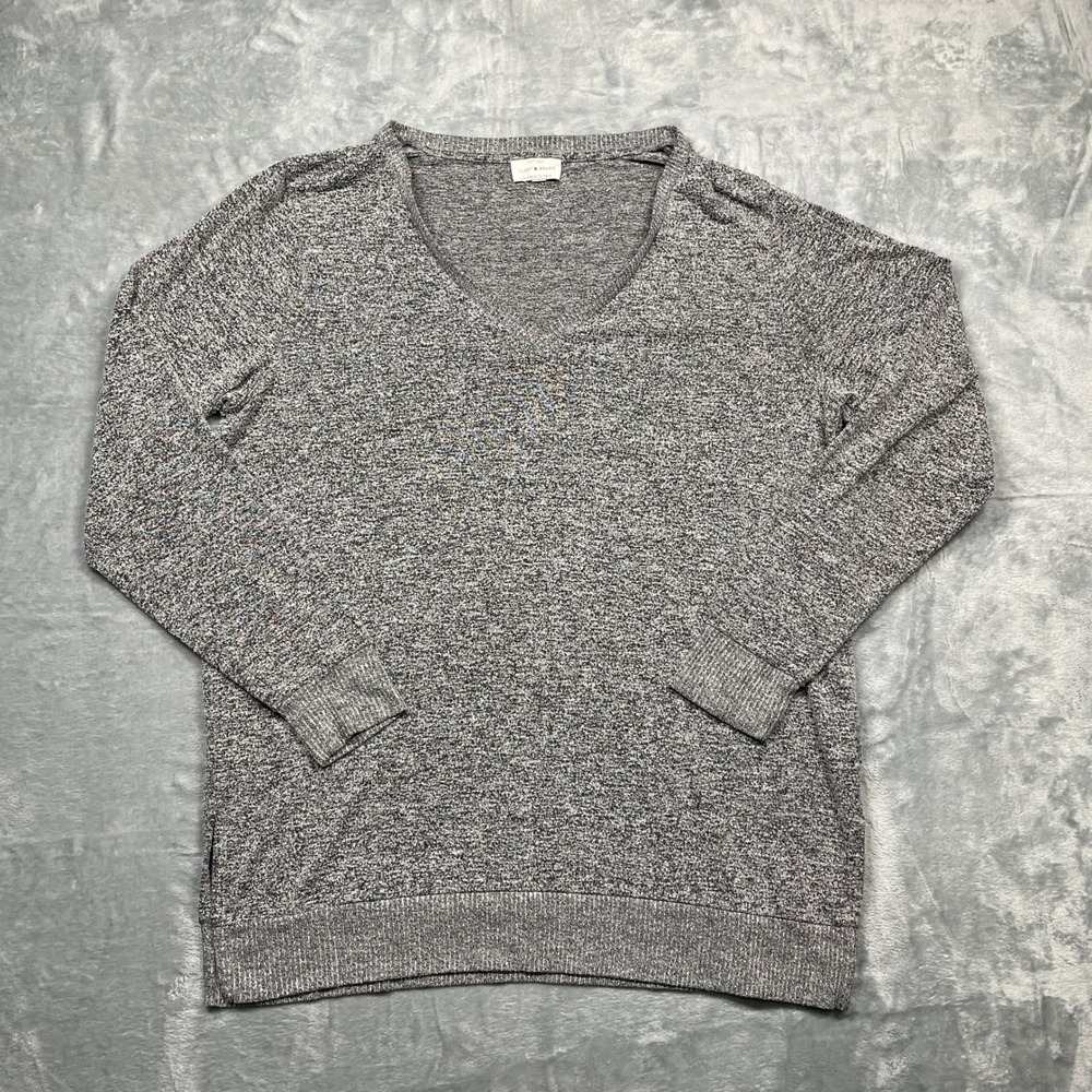 Lucky Brand Sweater Mens Large Grey Marled V-Neck Knit Pullover Relaxed Fit
